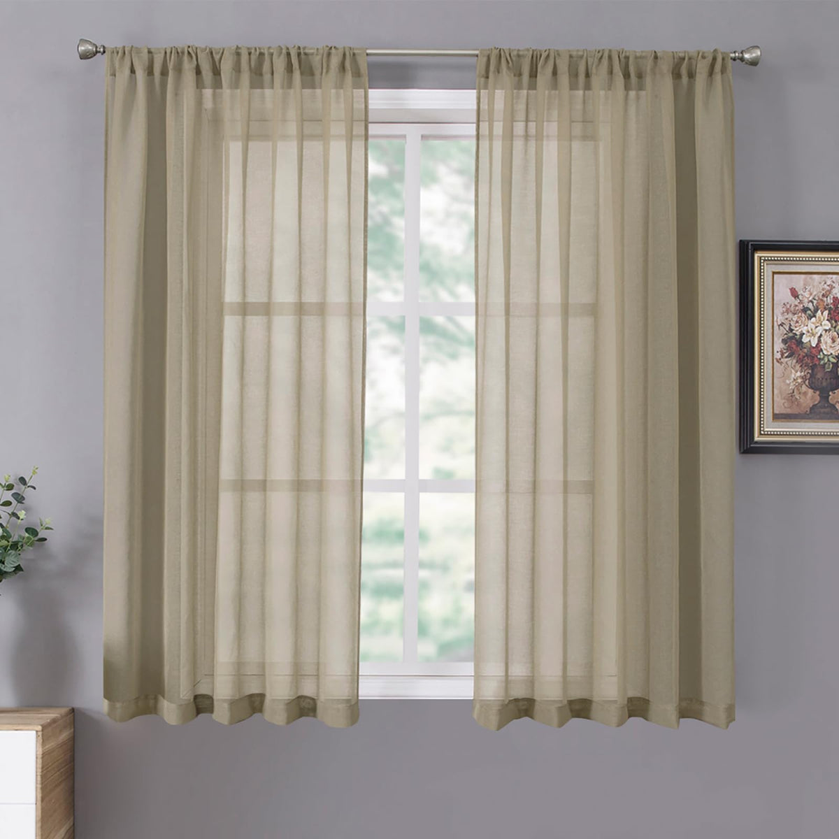 Short Sheer Curtains Linen Textured Bedroom Curtain Sheers Light Filtering Rod Pocket Voile Curtains for Living Room