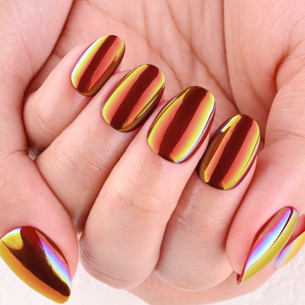 evpct Red Gold Glazed Press on Nails Short Oval, Short Oval Chrome Metallic Aurora Stick on Nail for Women, Reusable Full Cover Soft Press on Fake Nail Perfectly Fit with Glazed Design Salon Quality