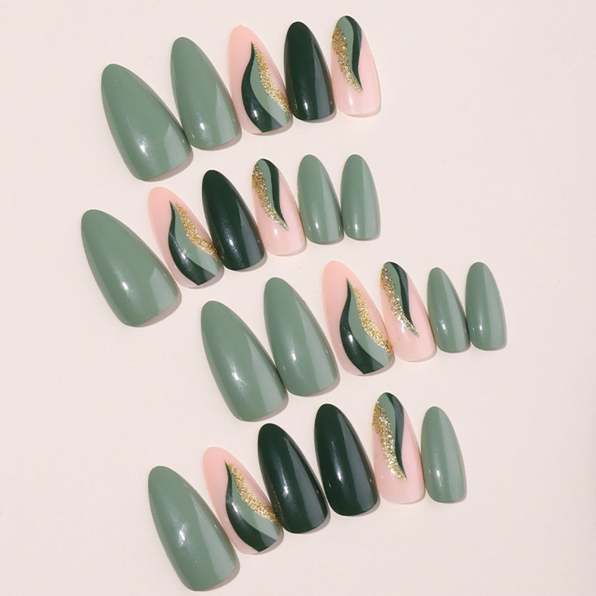 CTTHNBD Press on Nails Green - Medium Almond Fake Nails with Gold Foil Design - Christmas, Glossy Full Cover Stick on Nails - for Women 24 Pcs