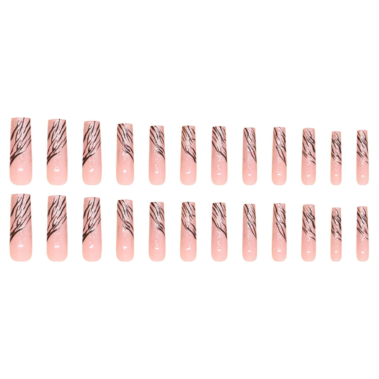 RUOKEXIN Long Square Press on Nails French Tip Fake Nails Silver Glitter False Nails with Silver Ripple Designs Long Square Glue on Nails Sparkly Artificial Nails Cute Stick on Nails for Women 24Pcs