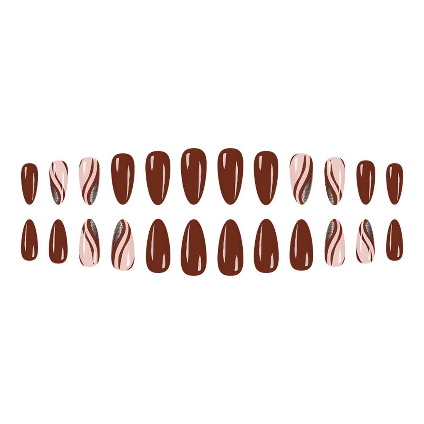 24 PCS Brown Irregular Line Glitter Press on Nails with Curve Line Design Glossy Brown Glitter False Nails Medium Almond Fake Nails Sparkly Gold River Acrylic Stick on Nails for Women Girls Manicure