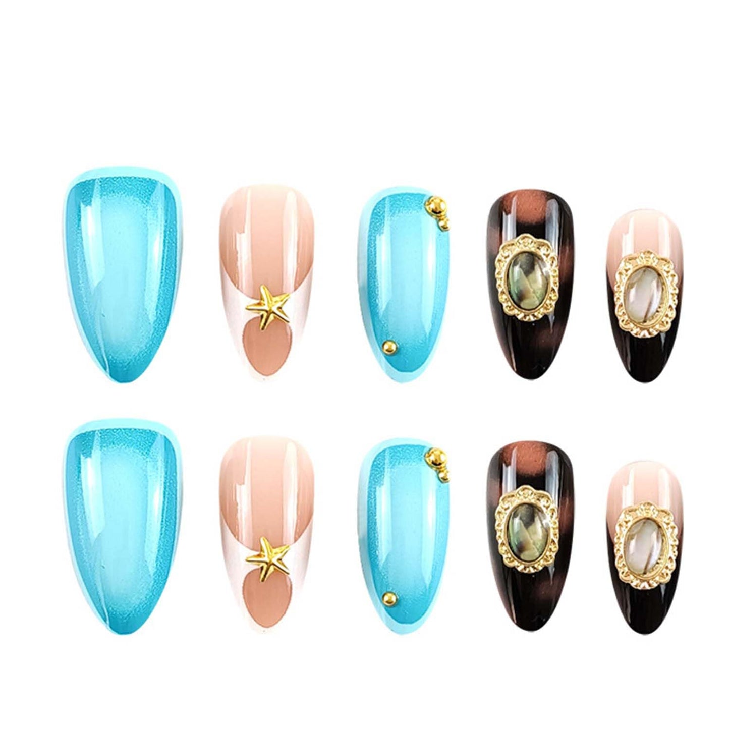 Medium Almond Press On Nails French Tip Fake Nails Star With Metal Charms Design Blue False Nails Full Cover Artificial Glue On Nail Acrylic Reusable Stick On Nail For Women Manicure Art 24pcs