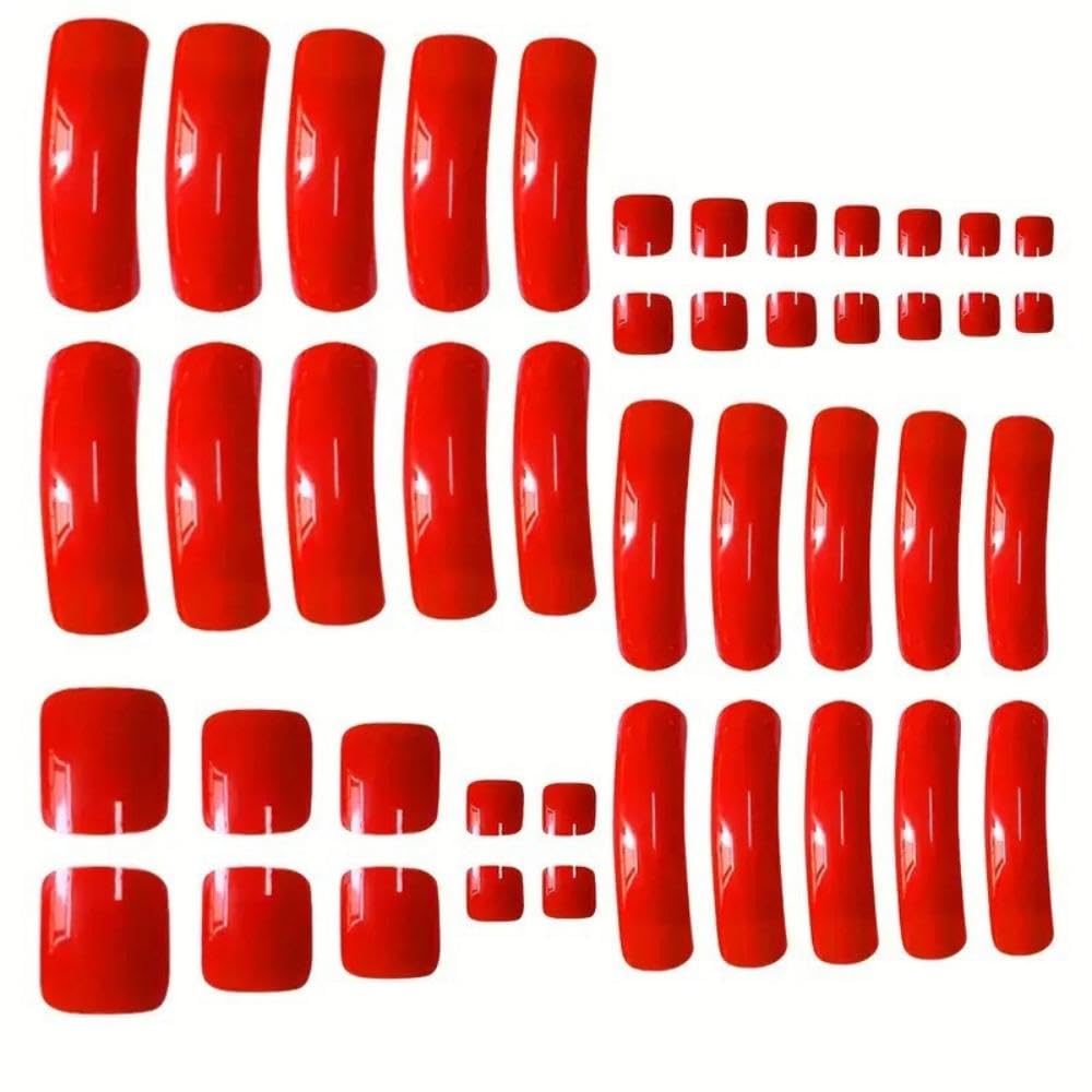 48Pcs Red Press on Nails Long Curved Fake Nails with Designs Glossy Solid Red Press on Toenails Short Square Summer Fake Toenails Reusable Full Cover Beach False Toenails for Women Girls Manicure