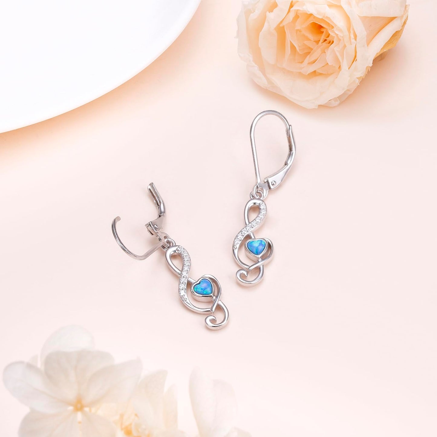 SHAOAN Music Note Opal Dangle Drop Earrings 925 Sterling Silver Leverback Earring Jewelry Gifts for Women Music Lover