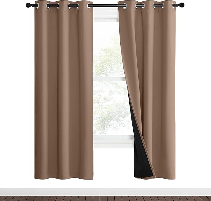 NICETOWN 100% Blackout Curtains Thermal, Noise Reduction and Privacy Curtains for Patio Door, Black Lined Blackout Drapes with Grommet Top, Cappuccino, 1 Pair, W37 x L70