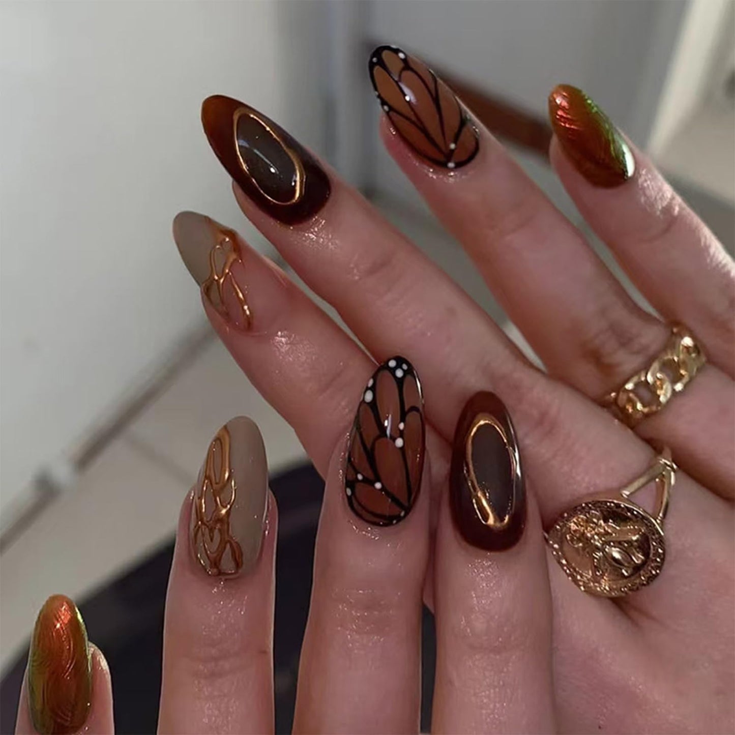 IMRAIN Brown Press on Nails Medium Almond Fake Nails Fall Butterfly Glossy Artificial False Nails Full Cover Golden Line Stick on Nails for Women Girls