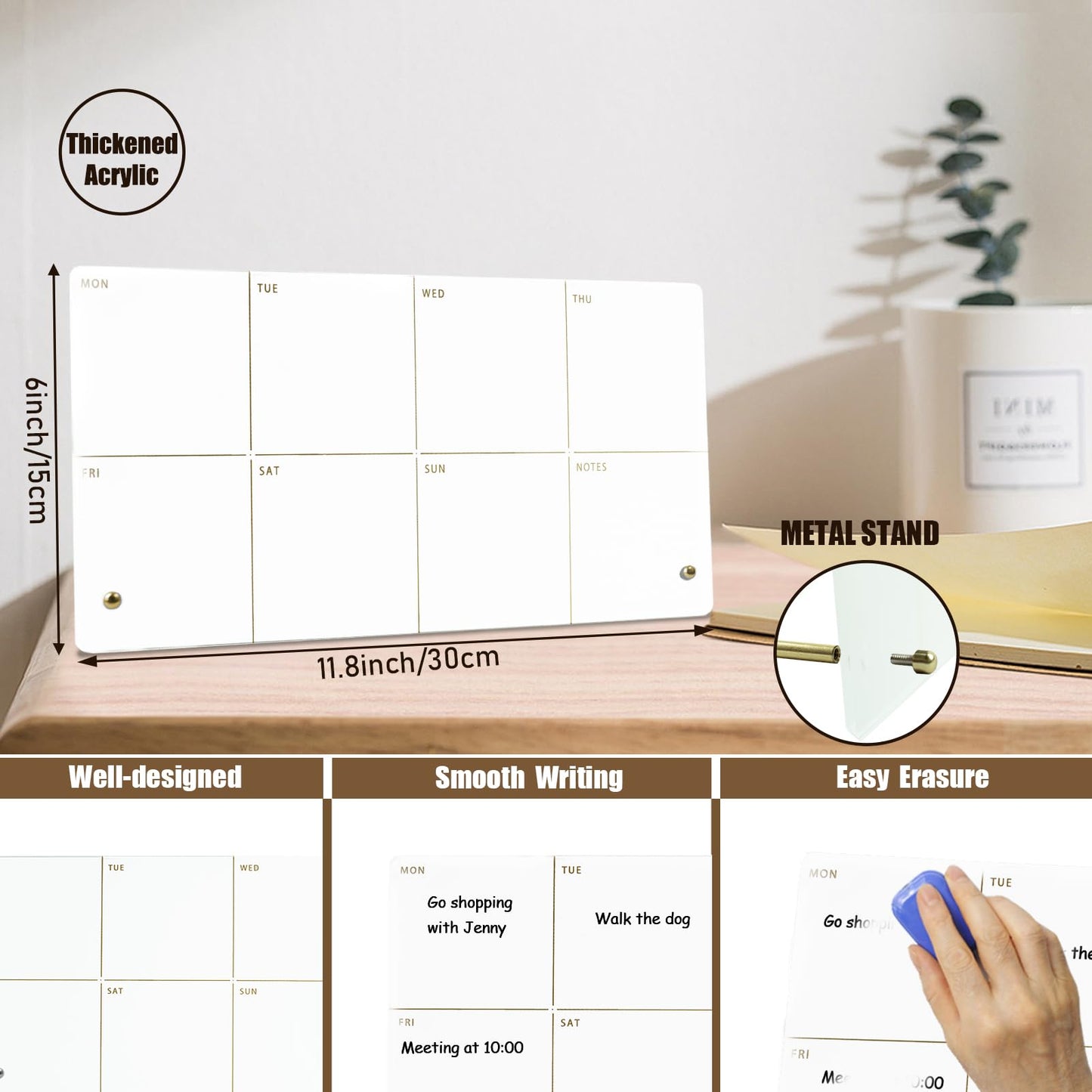 Marribol Weekly Planner Dry Erase Board for Desk,Acrylic Desktop Weekly Planner Whiteboard with Stand,12"X6"-Small, Dry Erase Weekly to Do List White Board for Home Office School-ZMZL-W-1530