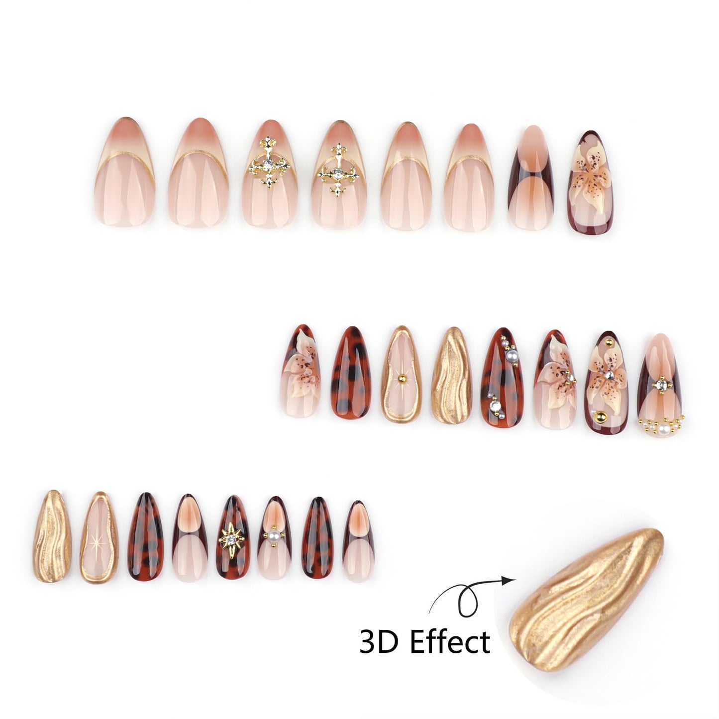 Mivota Medium Long Press on Nails Almond Brown Fake Nails with 3D Flowers Artificial Nails Gold Charm Designs, Thick Reusable Glue On Nails Fall Handmade Nails Floral Stick on Nails for Women 24Pcs