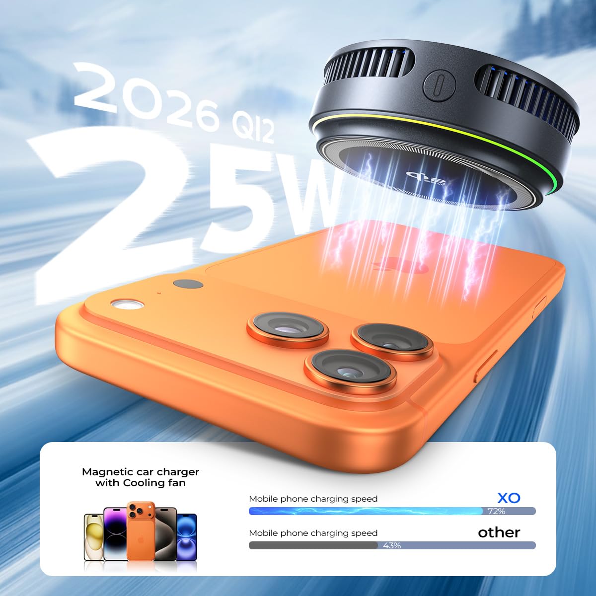 Qi2.2 Wireless Charger【25W Fast Charging+Instant Cooling】 Magnetic Charger Pad with Cooling Fan,LED Light Phone Holder Fast Charging Compatible with iphone17/16/15/14/13/12 Series