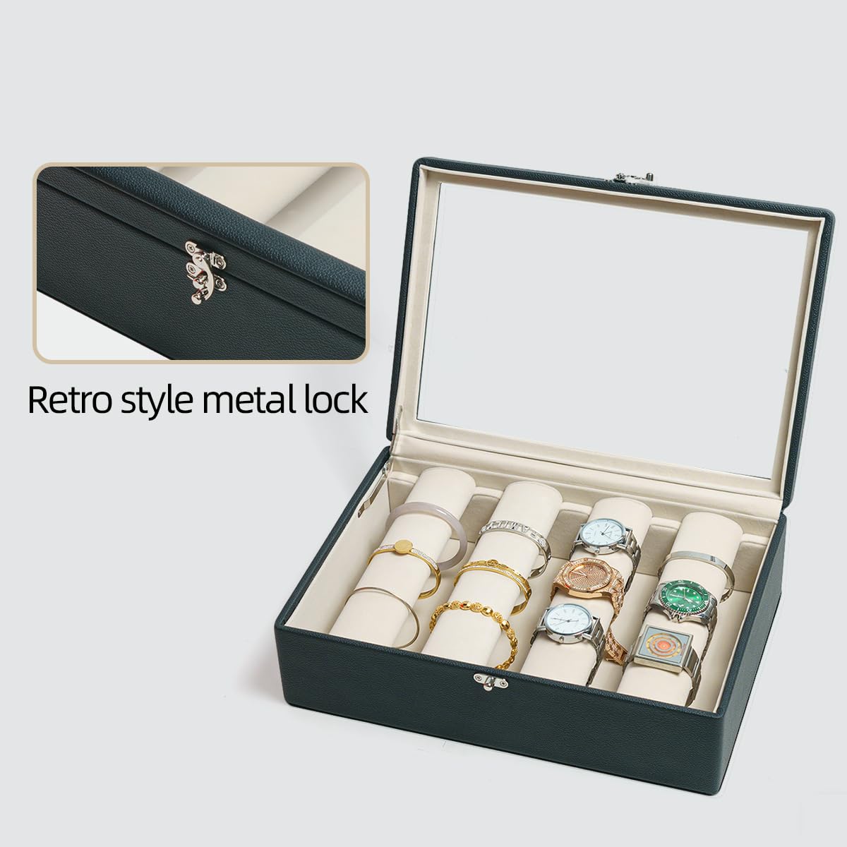 OrizeGe Jewelry Box with Glass Lid Bracelet Holder PU Leather for 4 Rods Beige Velvet Watch Case for Women