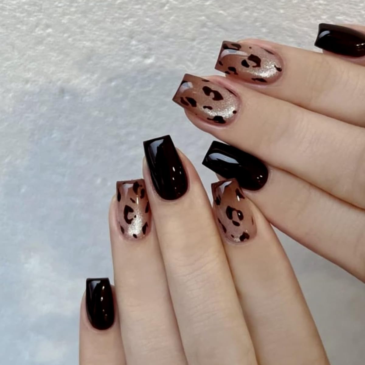 Press on Nails Short Sqaure Fake Nails Black Leopard False Nails Glossy Cat Eye Acrylic Nails Full Cover Glue on Nail Reusable Chrome Artificial Nail for Women Manicure 24Pcs