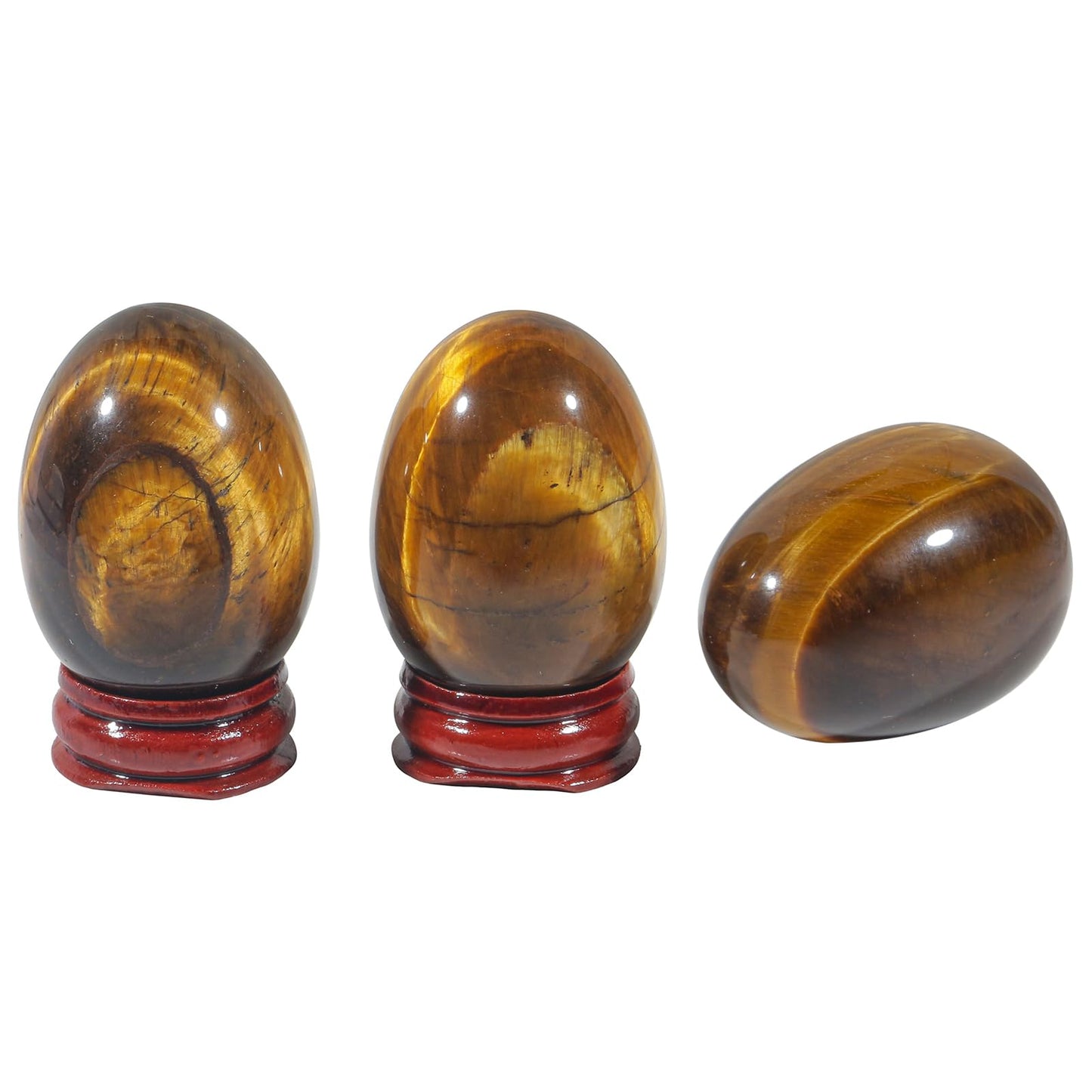 Fekuar Stone Egg Figurine, Polished Healing Crystal Easter Eggs Sphere Sculpture with Wood Stand, Natural Tiger's Eye Stone, 1.8"