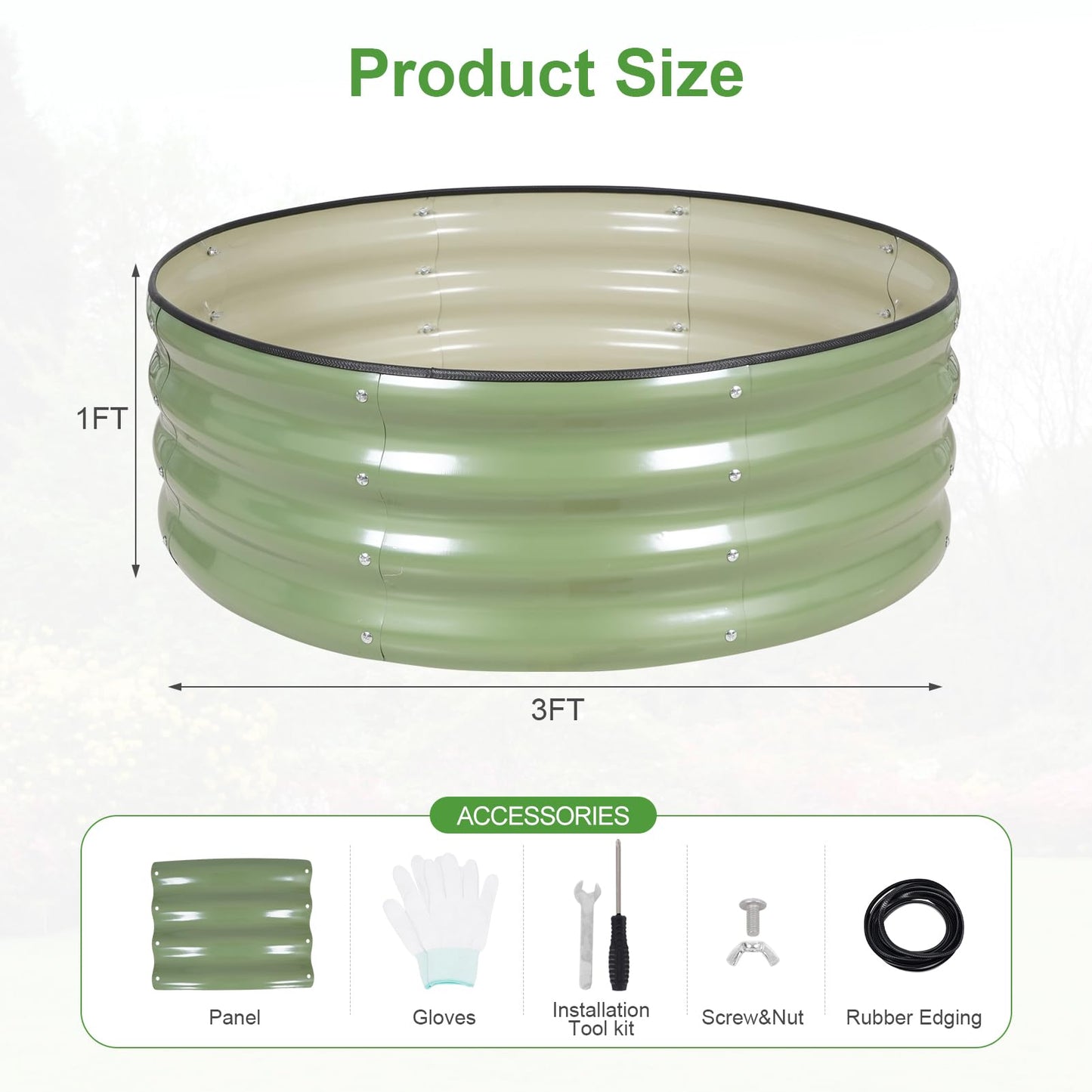 Permade Galvanized Raised Garden Bed- 2Pcs 3x3x1FT Metal Planter Boxes Outdoor | Round Steel Raised Bed Kit & Fire Pit Ring for Gardening with Protective Tape, Gloves for Vegetables, Flower (Green)