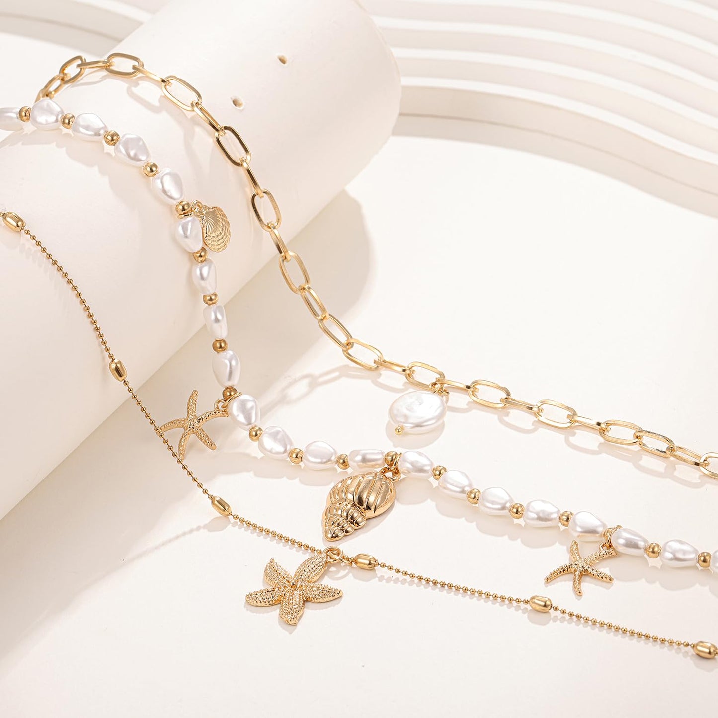 Seashell Starfish Necklace for Women Conch Shell Summer Pearl Beach 14k Gold Layered Dainty Sea Choker