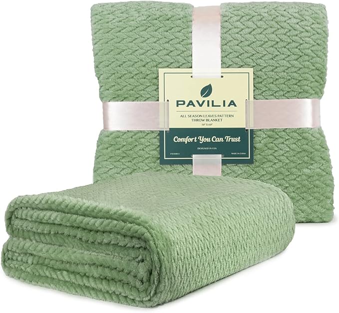 PAVILIA Soft Fleece Light Green Throw Blanket for Couch, Lightweight Plush Warm Blankets for Bed, Fuzzy Cozy Flannel Blanket Throw for Sofa, Travel, Jacquard Pattern, Sage Green, 50x60 inch