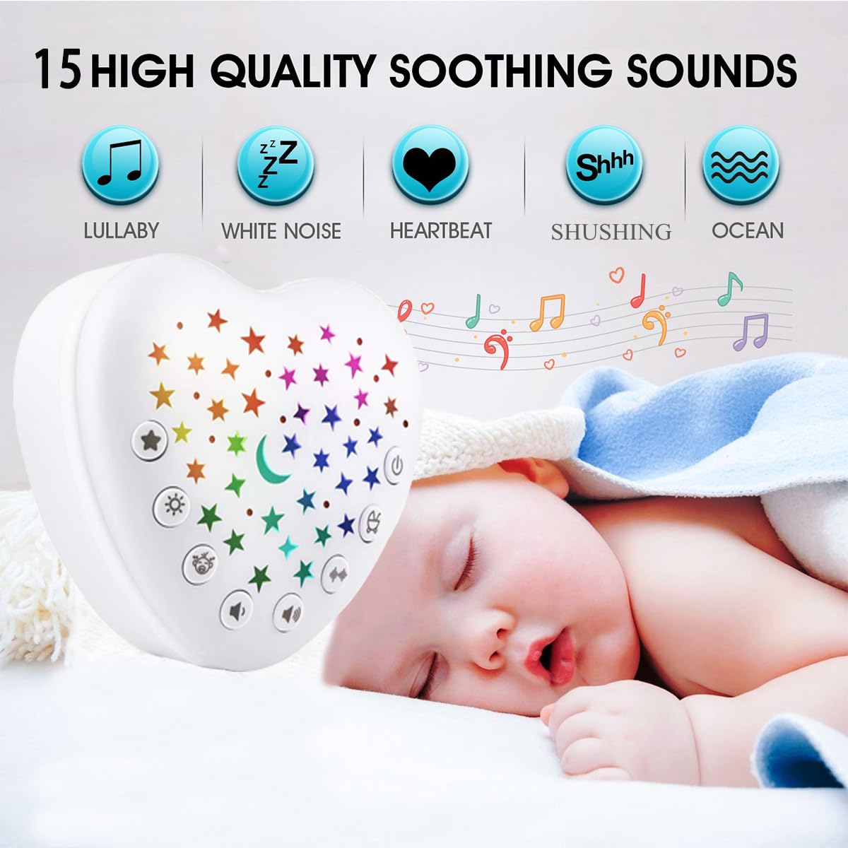 BEREST A13 White Noise Machine & Baby Sleep Soother with 15 Soothing Sounds & Projector Night Light Music Box, Cry Sensor, Rechargeable, Portable for Newborns, Toddlers, Attaches to Crib
