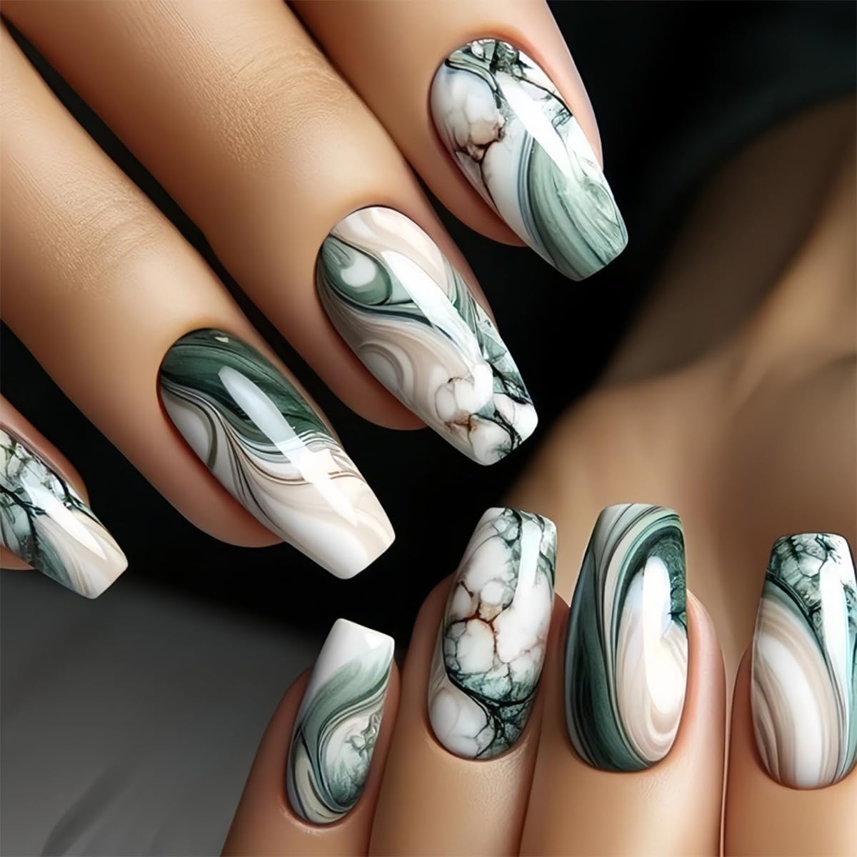 Medium Press On Nails Coffin Shaped Glue On Nail Green White Gradient Stripes Fake Nails With Designs Reusable Full Cover False Nails Cute Stick On Nails For Women 24pcs