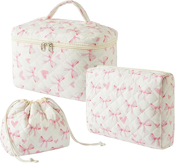 3Pcs Aesthetic Cotton Quilted Drawstring Makeup Bag Set, Aesthetic Cute Bow Makeup Pouch for Girls and Women, Aesthetic Travel Organized Cosmetic Bags for Purse(06Heart Bow)
