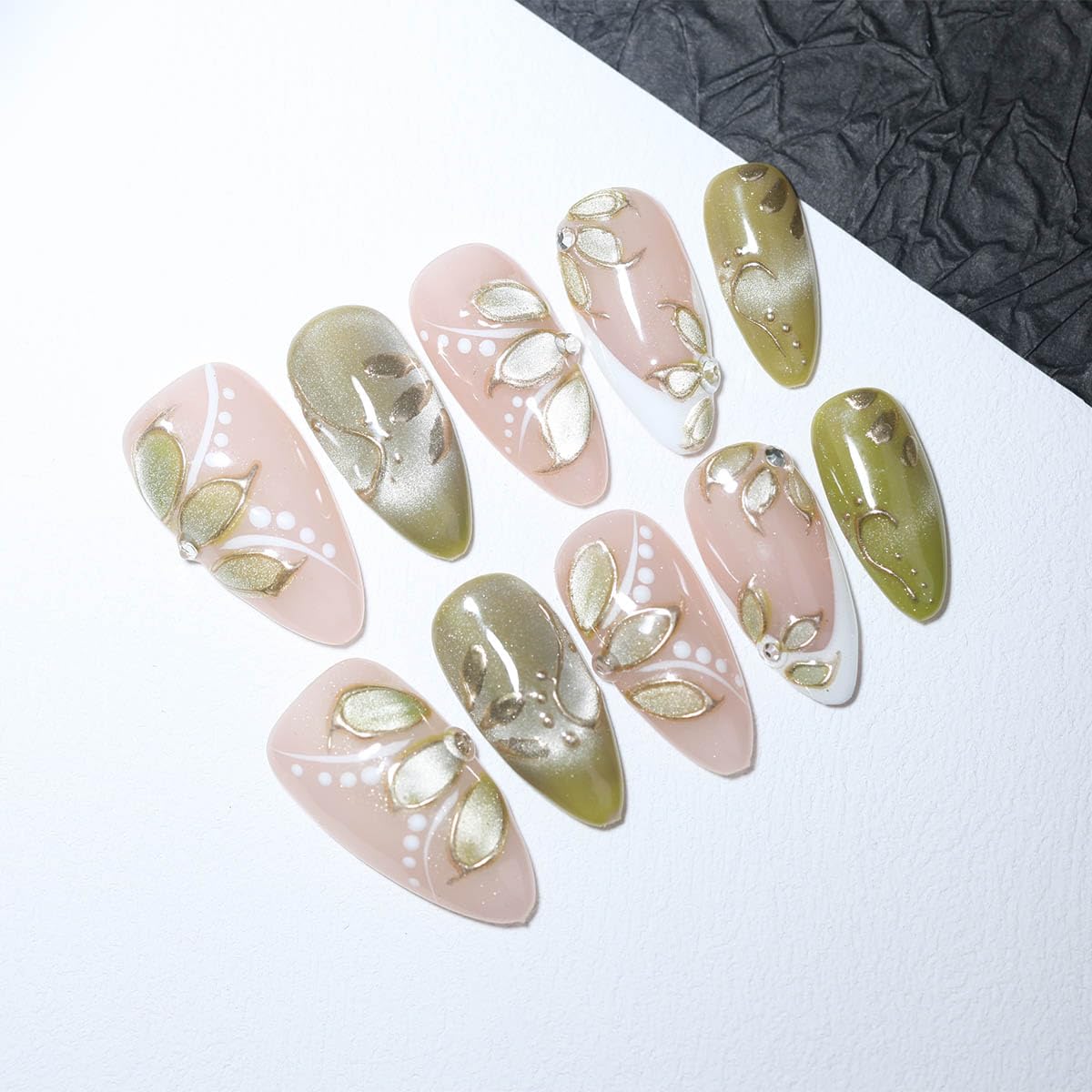 10Pcs Medium Almond Handmade Press On Nails | Easy Apply & Remove, Reusable Salon Quality Nails | Elegant Nude & Olive Green Cat-Eye Fake Nails with 3D Leaf & Gold Accents(5U10, M)