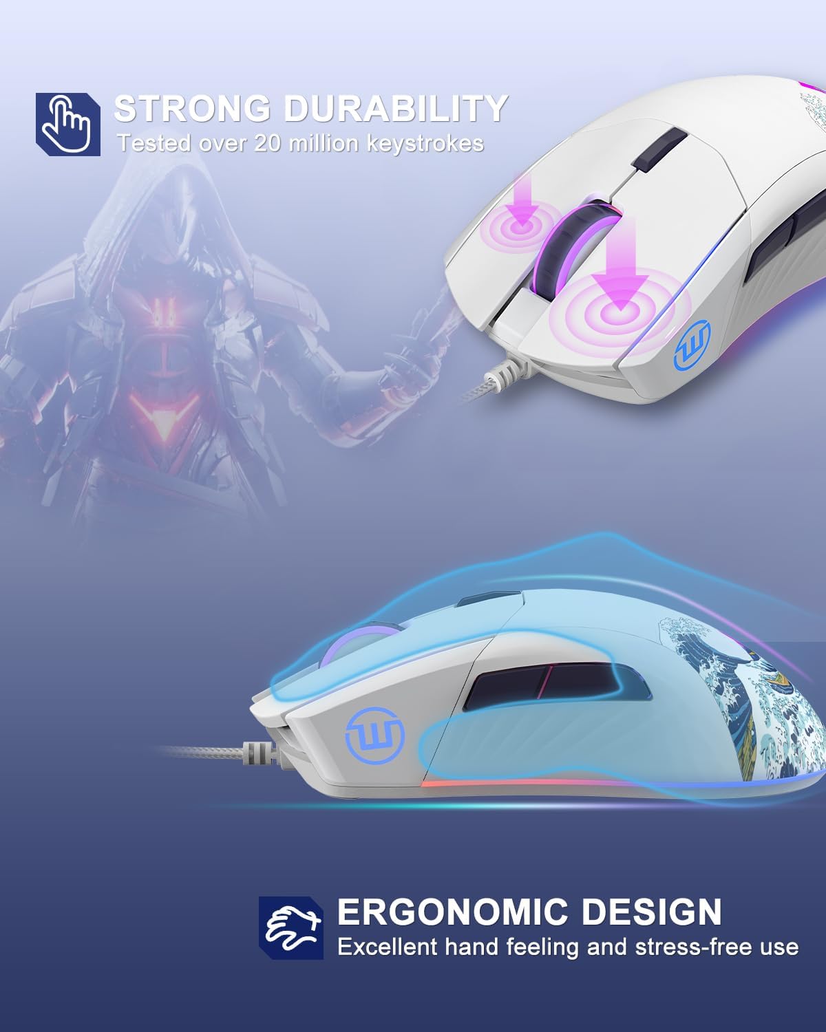 COSTOM Womier G705 USB Wired Gaming Mouse for PC Computer Windows Mac Laptop, Lightweight Silent RGB Backlit Mouse with Adjustable 12000DPI/7 Programmable Side Buttons,White Kanagawa Theme