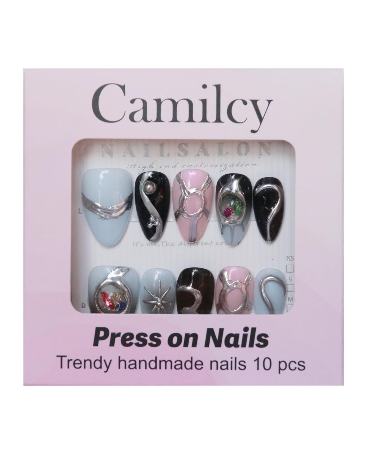 CAMILCY Handmade Nails Press on Long Gradient Blue Black Silver Halloween Star Design Hand painted Reusable Gel UV Finished Pre shaped Artificial False Nails for Women 10pcs 3D Nails (A077, S)