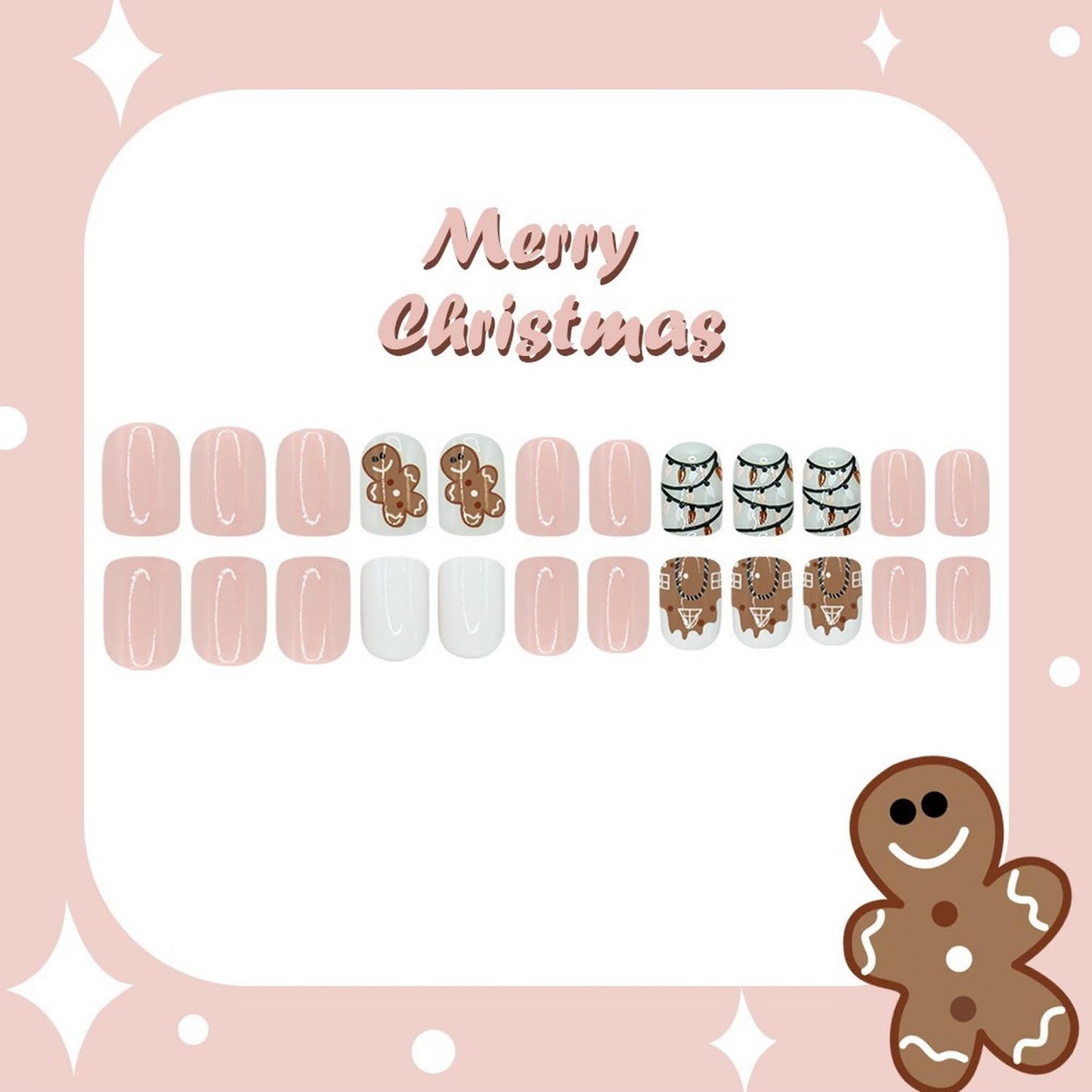 Christmas Press on Nails Short Square Gingerbread Man Fake Nails，Cute White Pink Xmas Gingerbread Snowhouse Lantern Acrylic Nails Glue on Glossy Artificial Nail for Women 24 Pcs