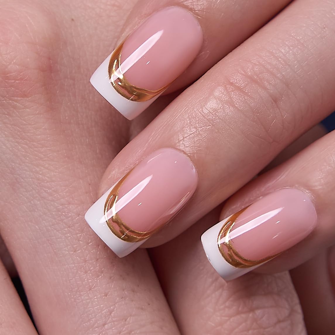 CurvLife Soft Gel Square French Tip Press-On Nails Medium, Reusable Fake Nails with Glue & Adhesive Tabs, 30PCS Salon-Quality Stick-On Nails for At-Home Manicure (Gilded Blush)
