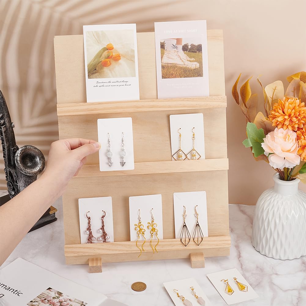 PH PandaHall 3 Tier Wood Earring Card Holder, Retail Jewelry Display Rack Photos Card Display Stand Rack Rustic Earring Display Stand for Displaying Earring Bookmarks Stickers Jewelry Exhibition