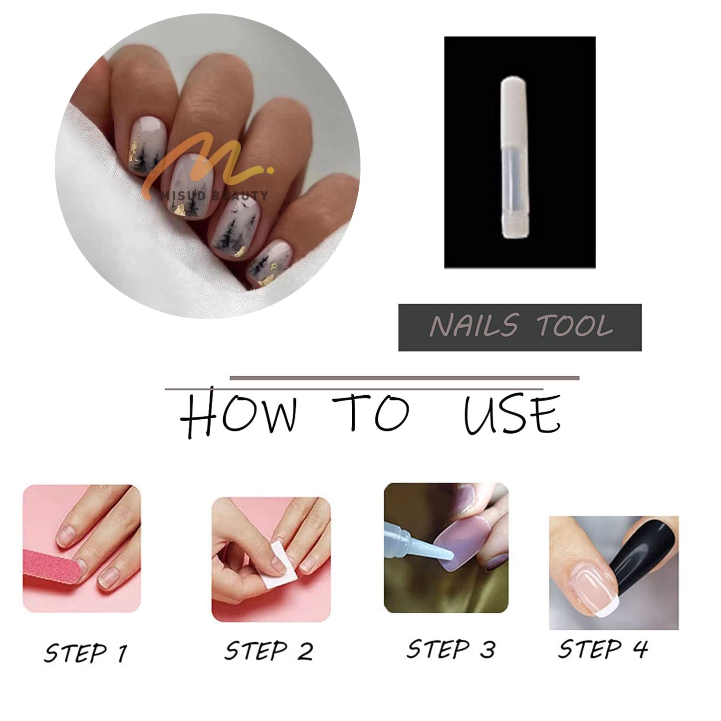 MISUD Press on Nails - Short Square Glue on Nails with Black Ink, Acrylic Gold Foil Design 24 pcs