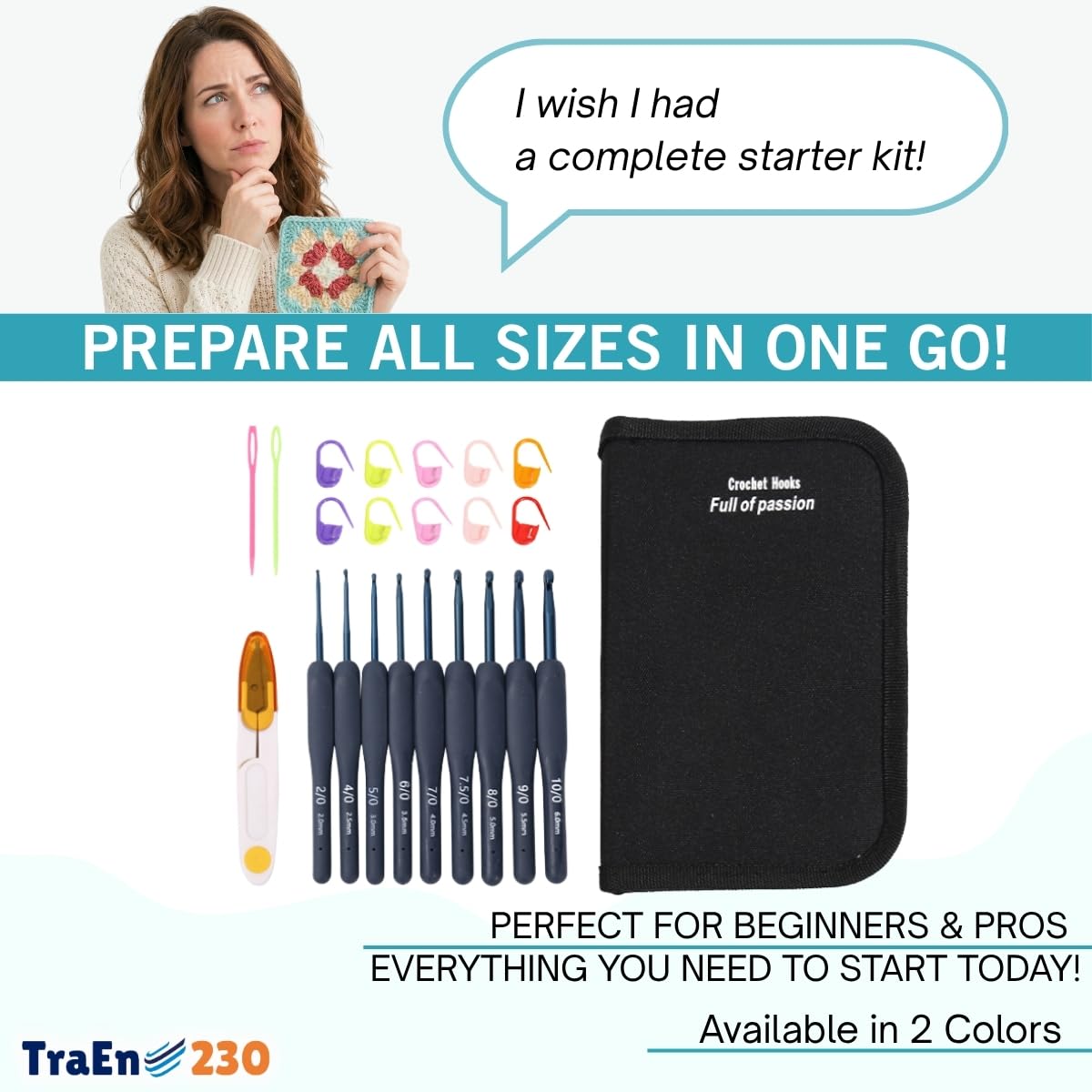 TraEn230 Crochet Hooks Set for Beginners, Ergonomic Soft Grip Crochet Hook Kit with Case, Full Size 2.0mm–6.0mm, Easy Grip Handles, Yarn Needles & Accessories (Black)