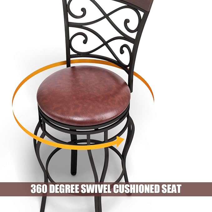 COSTWAY Bar Stools Set of 2, 360 Degree Swivel, 30" Bar Height Bar Stools, Leather Padded Seat Bistro Dining Kitchen Pub Metal Chairs with Back for Kitchen Island (Set of 2)