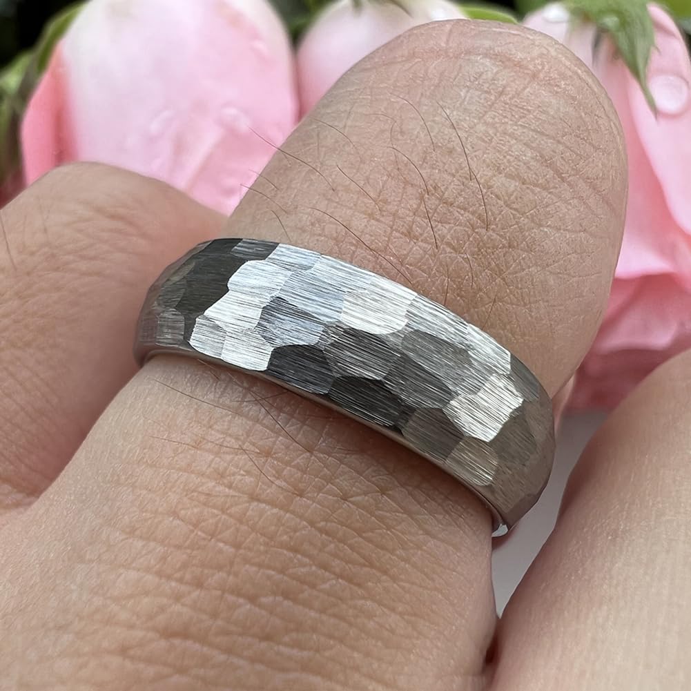 TUTISS 6mm Hammered Tungsten Rings for Men Women Fashion Engagement Wedding Bands Domed Matte Finish Comfort Fit Size 9.5