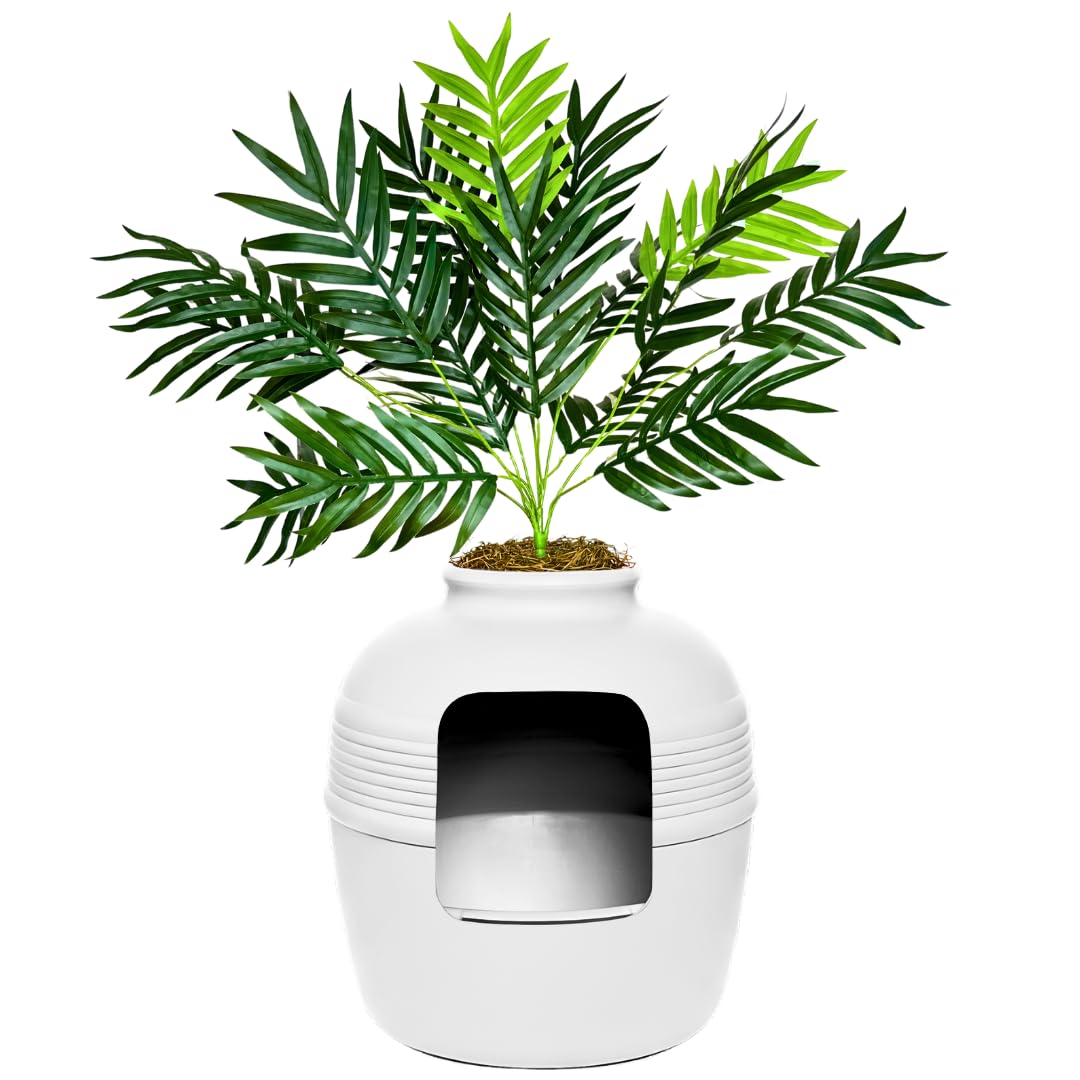 Good Pet Stuff Original Hidden Litter Box Planter, Decorative Cat Litter Enclosure with Carbon Filter, Artificial Palm Plant, Upgraded Design, Easy to Clean, Base Kit, White Birch