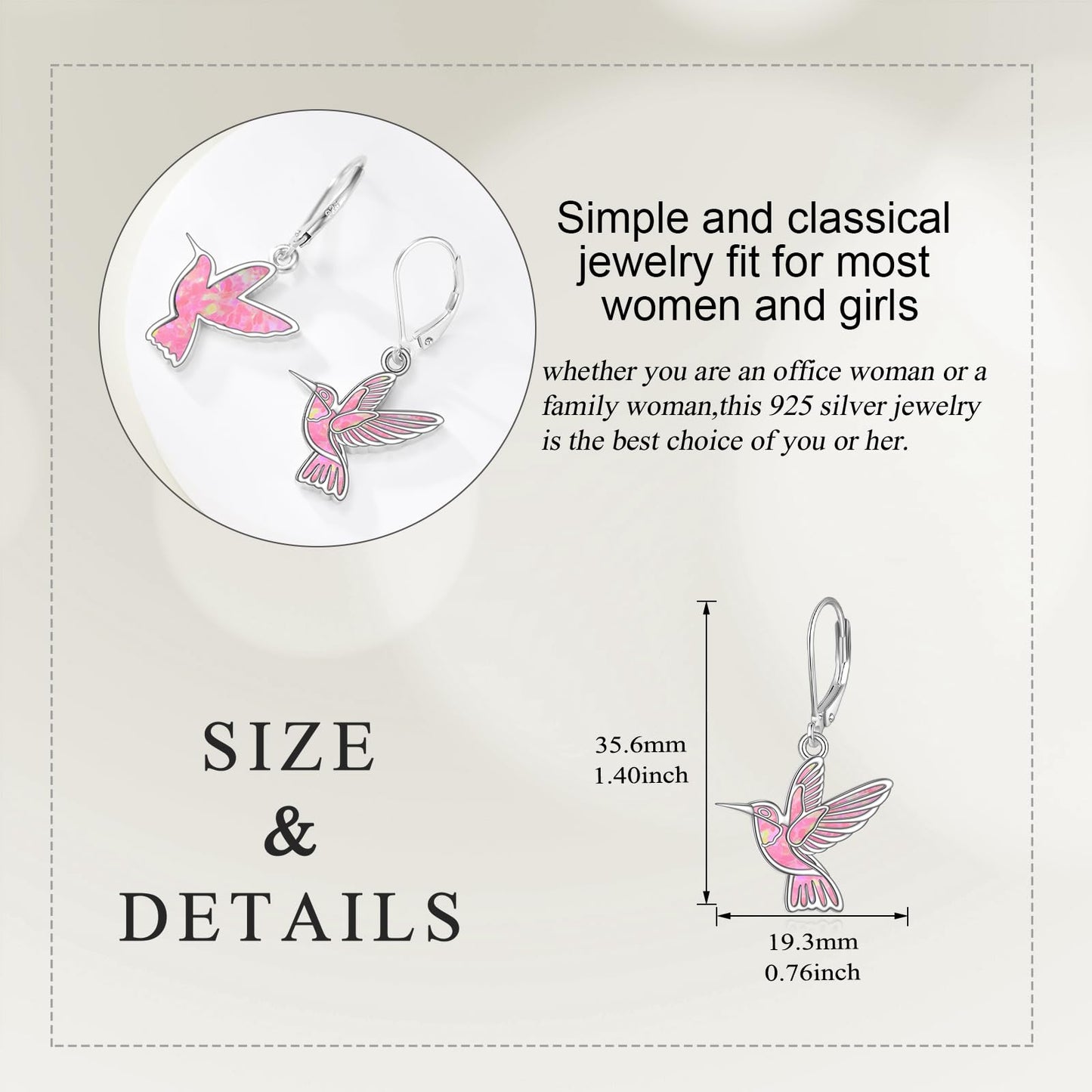 Hummingbird Dangle Earrings 925 Sterling Silver Bird Earrings for Women Bird Earrings (Pink Opal Hummingbird Earrings)