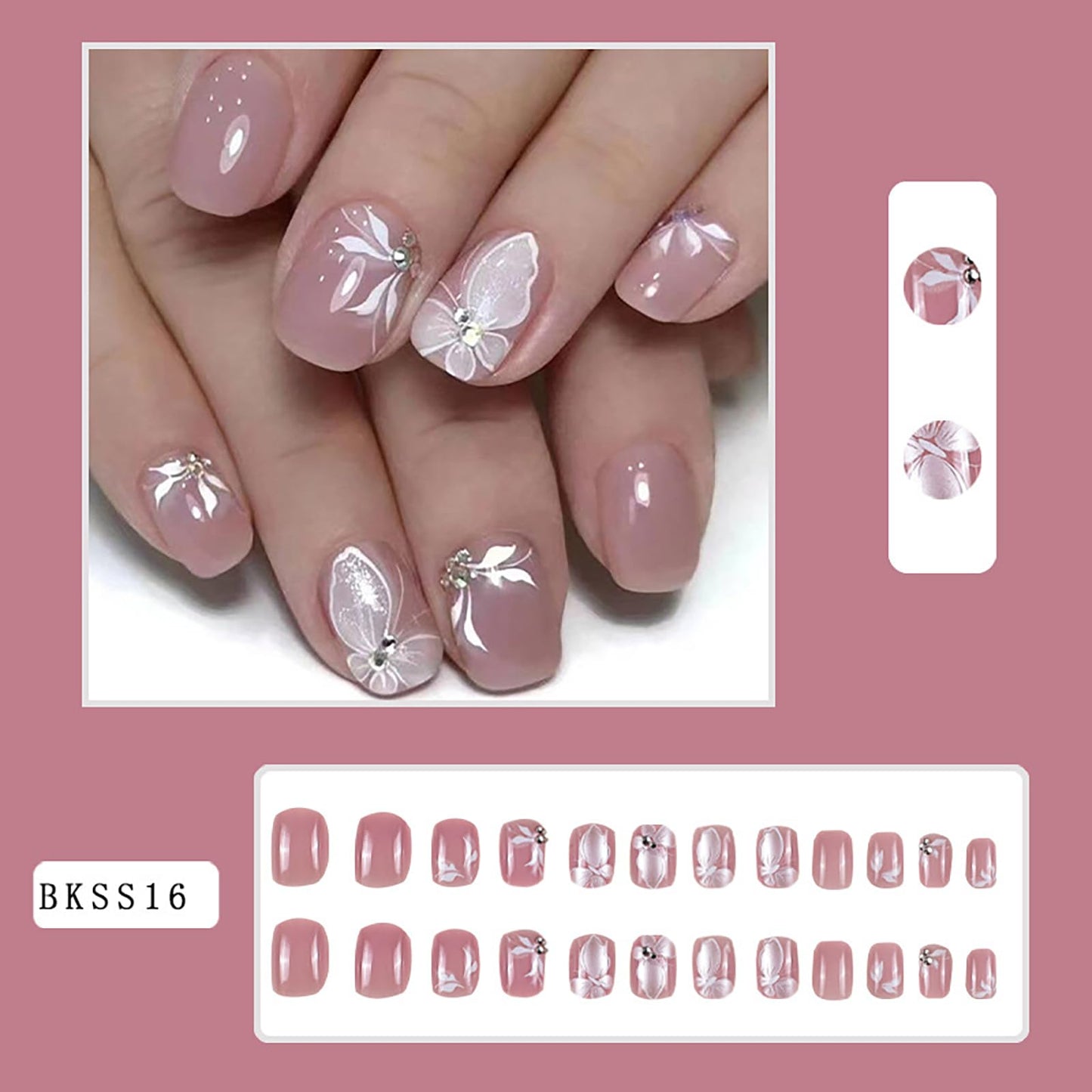 24Pcs Short Press on Nails RTKHFZE Pink Fake Nails with White Butterfly and Rhinestones Designs Press Ons False Nails Square Full Cover Acrylic Nails Stick on Nail for Women and Girls
