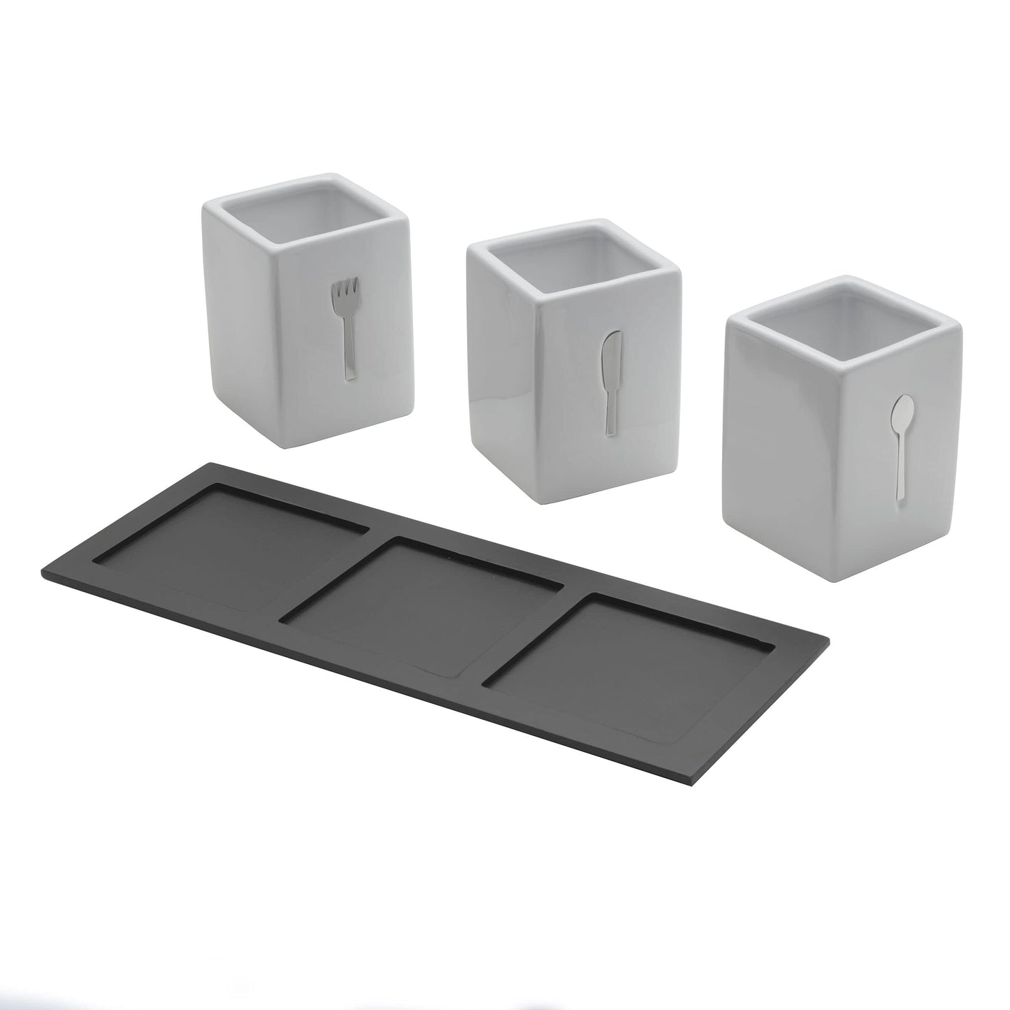 Towle Living 3-Piece Ceramic Caddy with Wood Tray, White, Black