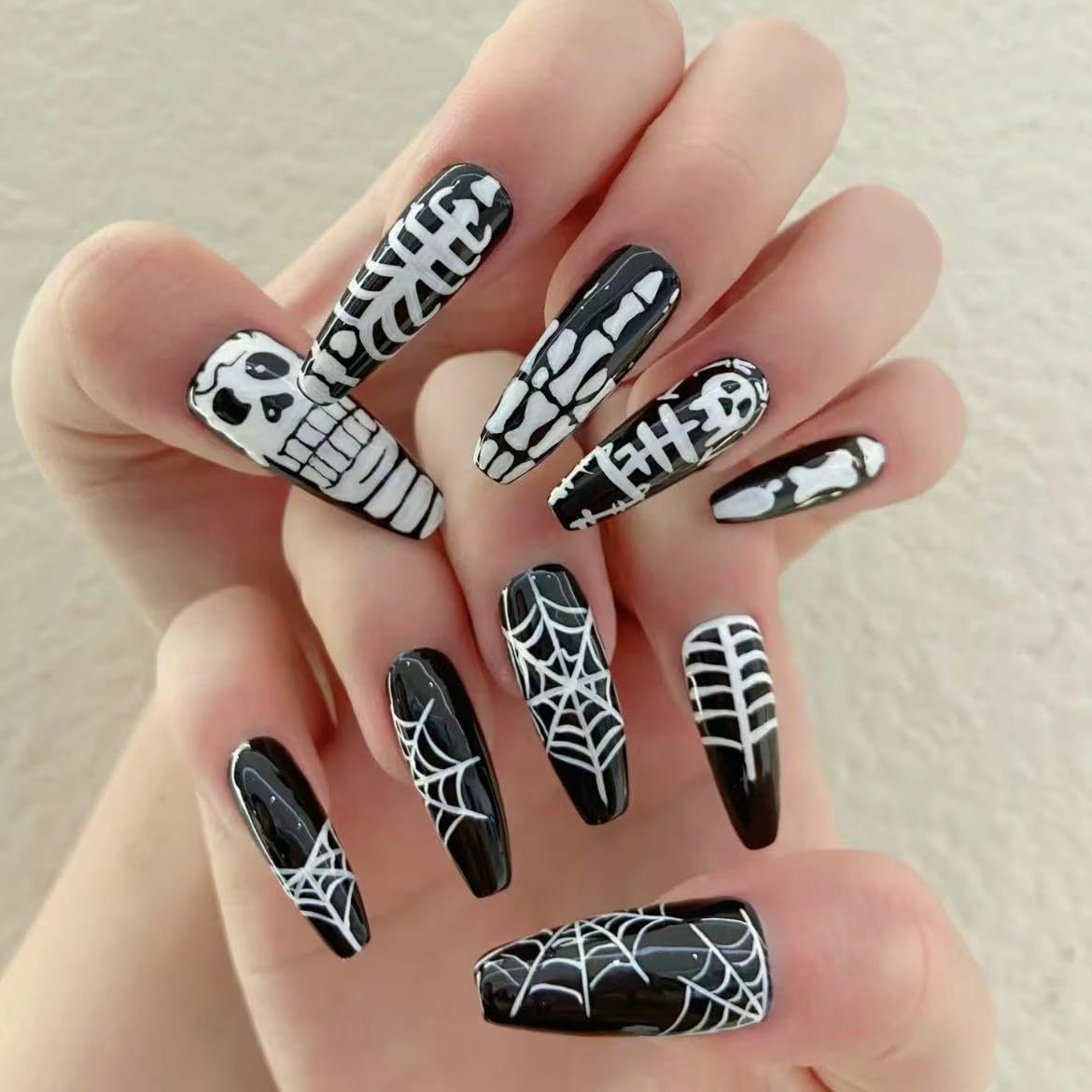 Halloween Handmade Press on Nails skull pattern&spider web Fake Nails Design Muti-Layer Gel Acrylic Nail Glitter Stick on Nails Full Cover Almond Black False Nail (MT-163-M)
