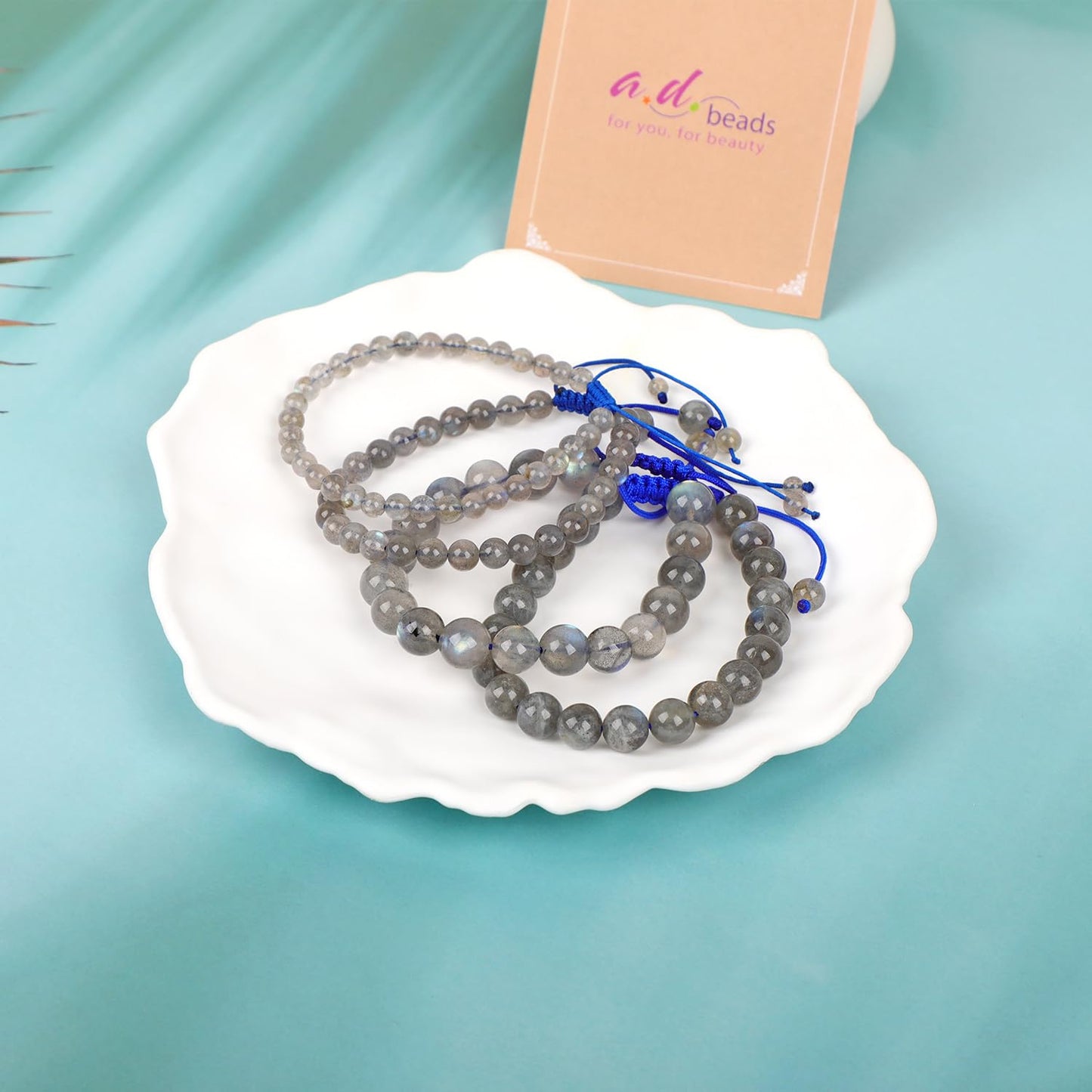 AD Beads 8mm Labradorite Bracelet - Stone of Mind Calm Downing - Handmade Natural Stone Crystal Bracelet with Adjustable Macrame String - Yoga Healing Power Energy Gifts for Men and Women