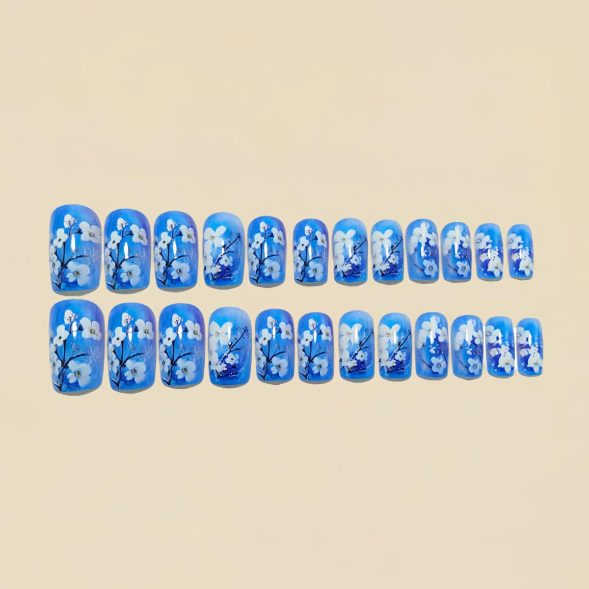 Blue Gradient Press on Nails with White Cherry Blossom Design Medium Square Reusable Floral Fake Nails Art, Full Cover Gel Manicure Tips for Women, Easy Application False Nails for Party/Everyday24PCS