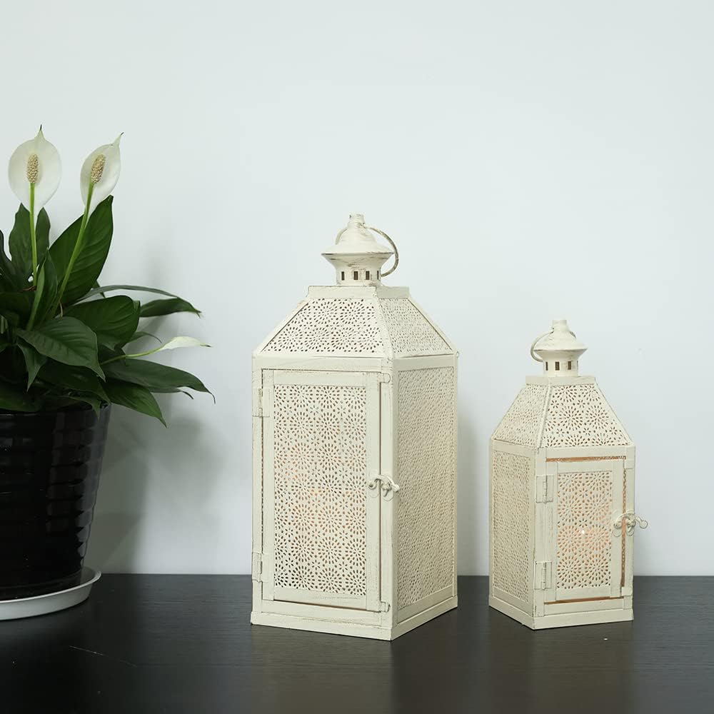 NEEDOMO 2Pack Outdoor Lantern, 16" Large White Candle Lanterns Decorative Indoor, Metal Frame with Glass, Vintage Farmhouse Lantern Decor for Front Porch, Garden, Patio, Pathway, Balcony,Yard