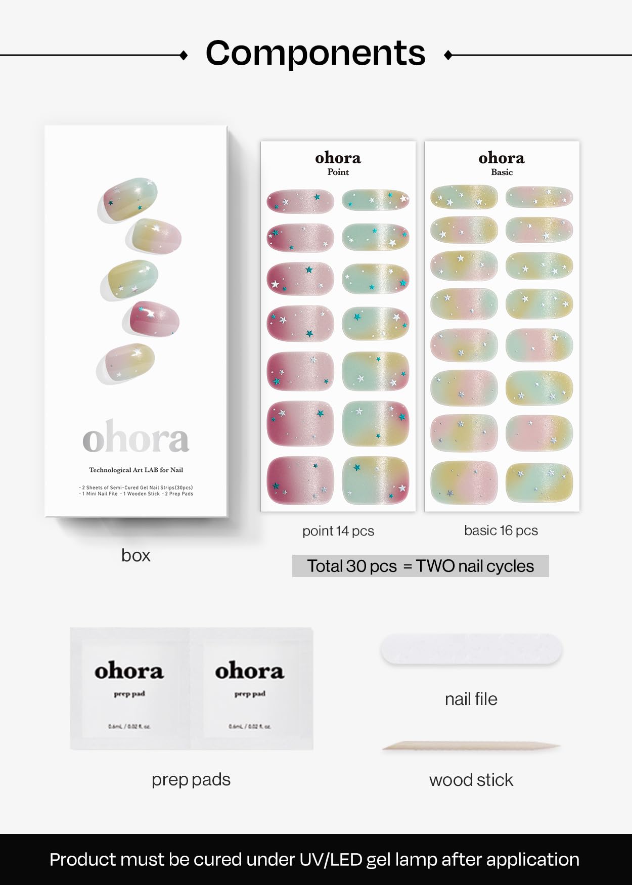 ohora Semi Cured Gel Nail Strips (N Starry Pop) - Works with Any Lamps, Salon-Quality, Long Lasting, Easy to Apply & Remove - Includes 2 Prep Pads, Nail File & Wooden Stick