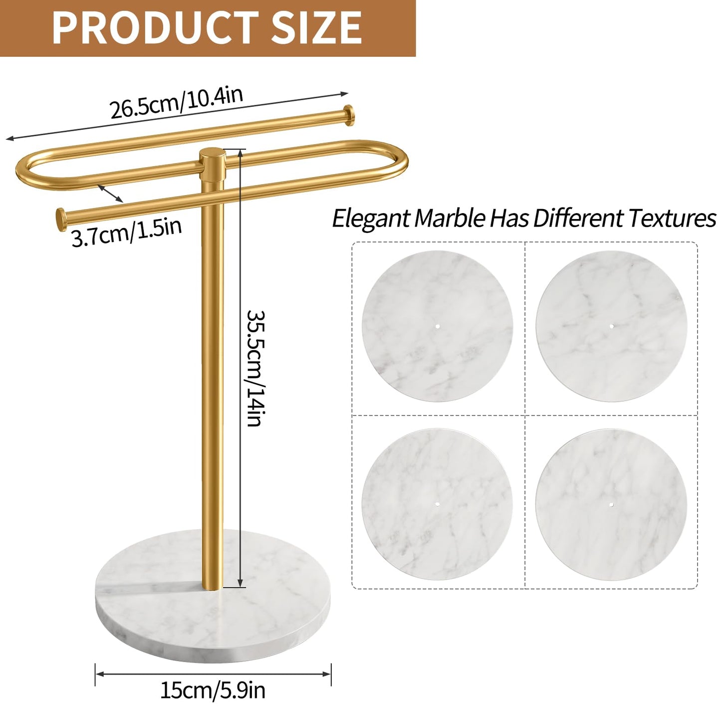 STWWO Countertop Towel Stand Free Standing with Marble Base, S-Shape Hand Towel Stand for Bathroom Stainless Steel Rust-Proof, Hand Towel Holder Standing for Kitchen Vanity Countertop (Gold)