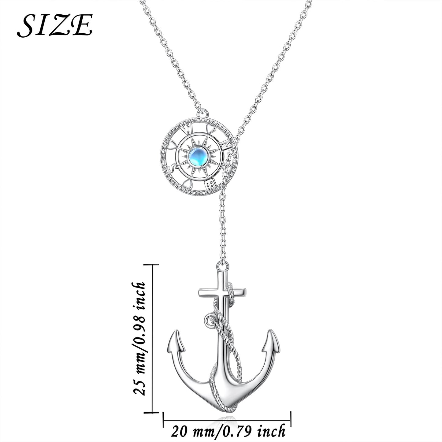Anchor Necklace for Women 925 Sterling Silver Anchor Pendant Necklace with Moonstone Anchor Jewelry Y Shaped Lariat Style Necklace Polished Nautical Anchor Rope Fine Jewelry 30 inch for Love One