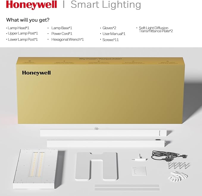 Honeywell LED Floor Lamp Modern - 02E Sunturalux Eye Caring Standing Light, 6000LM 60W 4000K Natural Daylight Dimmable Reading Tall Lampara for Home Office Living Room Bedroom