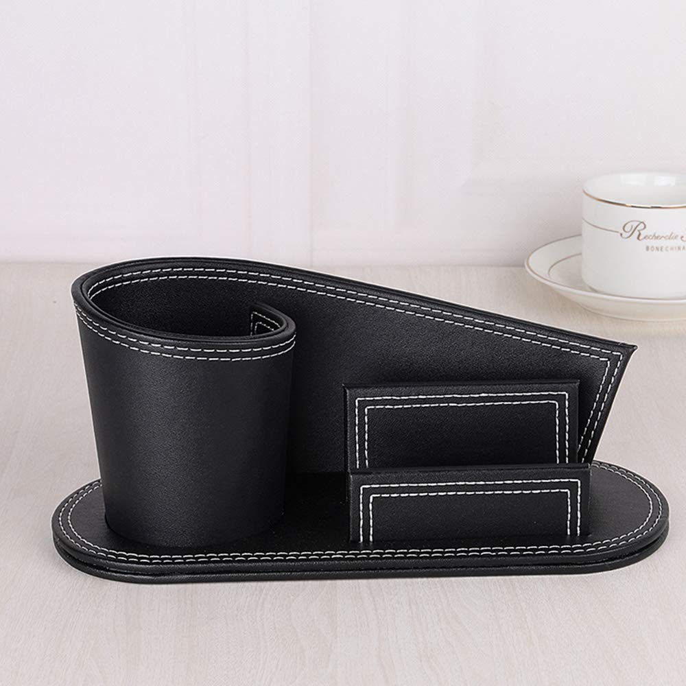 RHCSZ Office Accessories Creative Stylish Leather Pen/Pencil Holder,Multi-Function Desktop Stationery Caddy Organizer & Business Cards Holder Stand(Black)