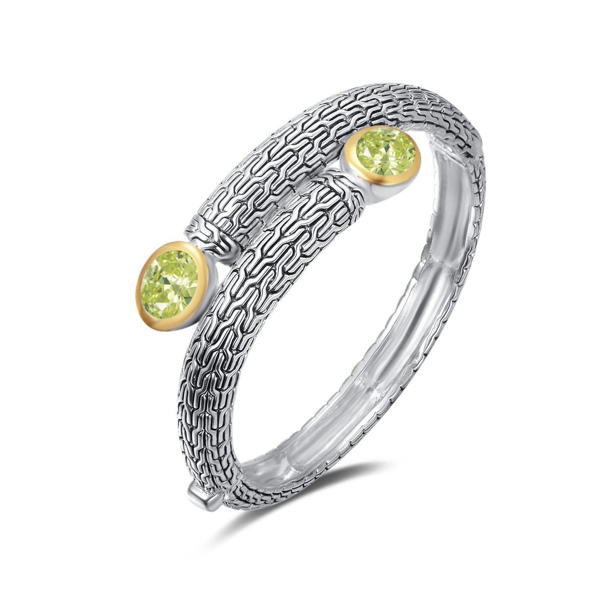 UNY JEWEL Jewelry Multi Strand Foxtail Chain Woven Pattern Inlay 8 by 10 Oval CZ Vintage Antique Two Tone Elegant Designer Inspired Unique Box Tongue Clasp Bangle (Peridot)