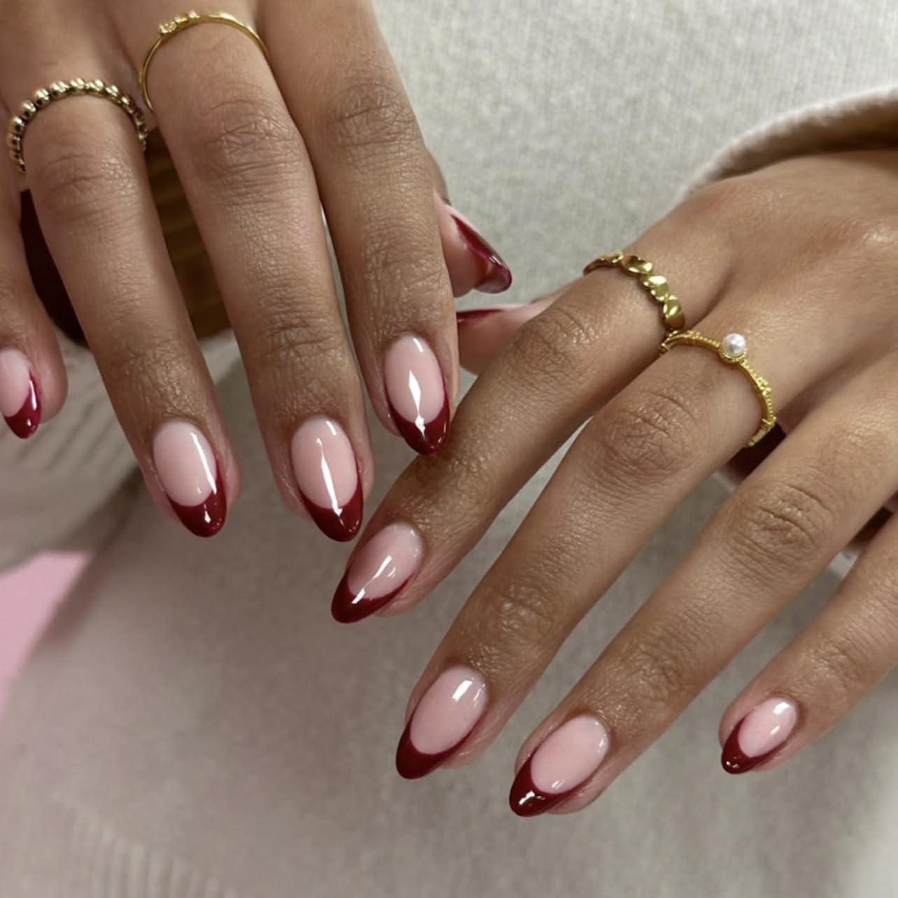 CTTHNBD Press on Nails Almond Medium - Wine Red French Tip Fake Nails - Glossy Full Cover Stick on Nails Press Ons - for Women Manicure 24 Pcs
