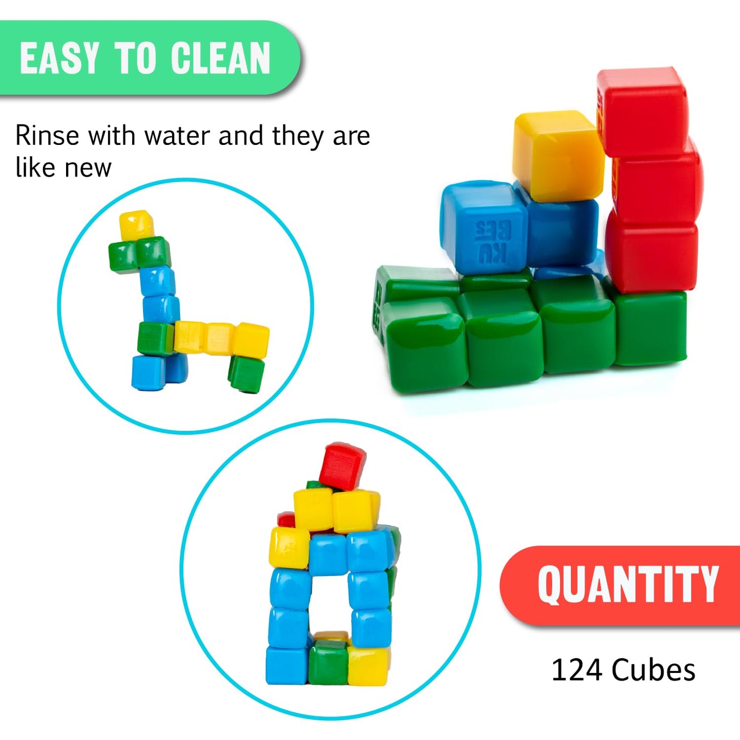 KOMARC GAMES StickiKubes, Mini Stacking Cubes that Stick to Anything, Non Toxic Kid Safe Sticky Blocks, Creative Construction Toy - 125 Cubes, 4 Colors, Tub