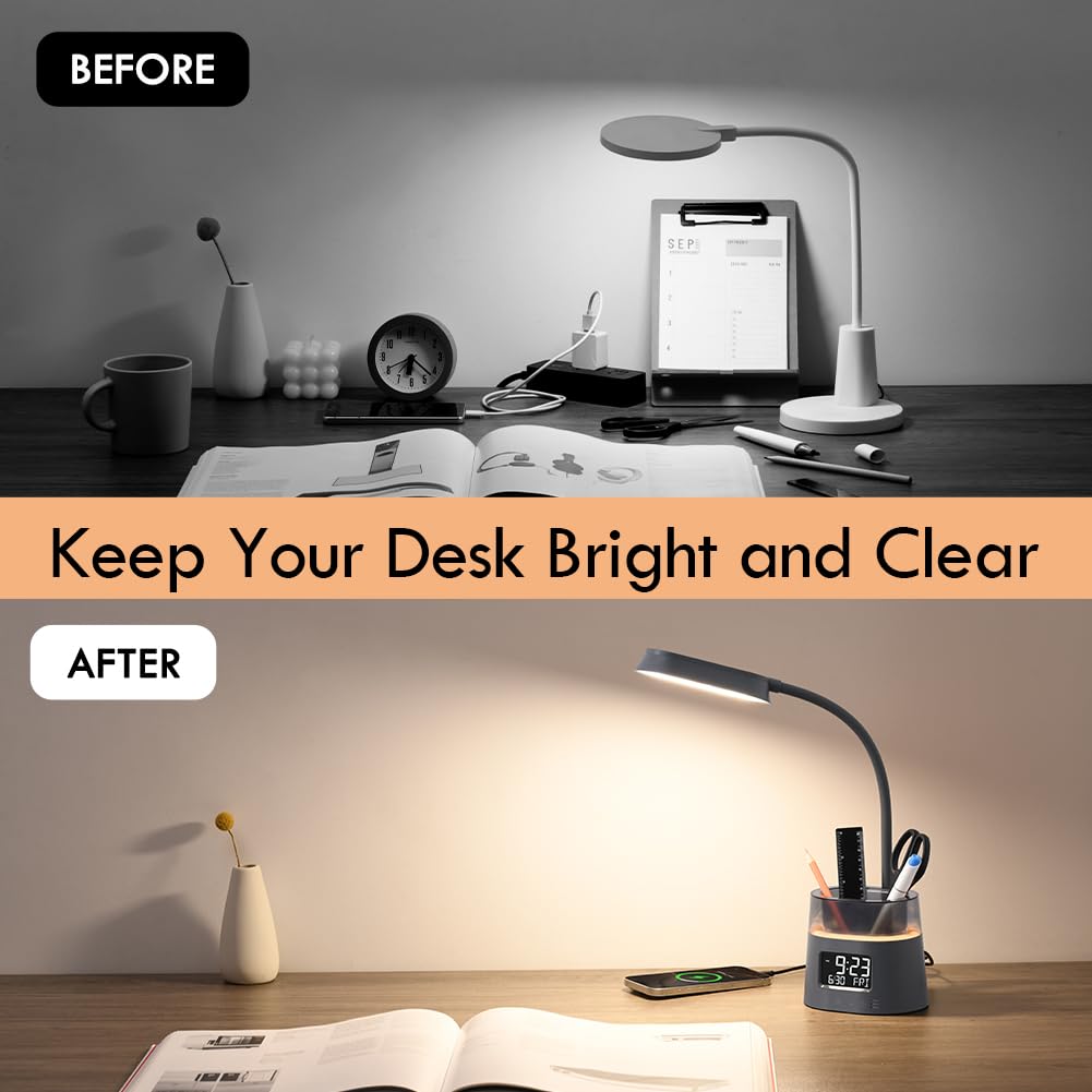 WILIT LED Desk Lamp for College Dorm Room Essentials, Students Study Lamp with USB Charging Port, Pen Holder, Clock & RGB Night Light, Office Desk Accessories, Table Lamp for Bedroom - Gray