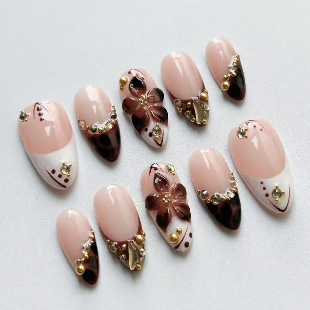 MAGLFELL Handmade Press On Nails 10Pcs Brown Short Almond Fake Nails, 3D Design, Reusable Acrylic press ons - French tip Salon High quality Nails (Size S)
